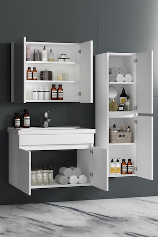 Çiğdem 80+35 Cm Beyaz Mdf Lavabolu Asma Banyo Dolabı Takımı Beyaz