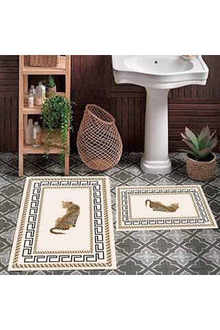 Leopar Desen Banyo Paspası, Kaymaz Taban, Yıkanabilir Paspas, Krem