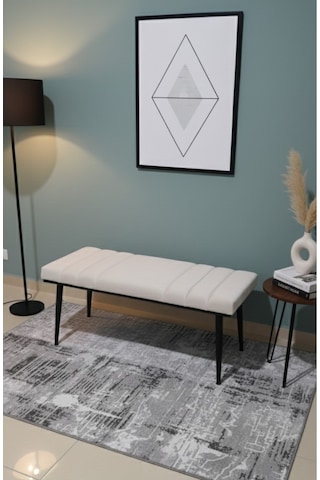 Özcan Metal Siyah Metal Ayaklı Metal Kasalı Bench Mutfak Salon Antre Yatak Odası Balkon Puf Bank Krembeyaz
