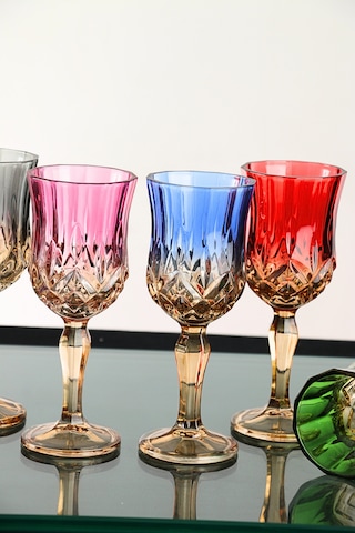 Çift Renk Organik Boya 6'lı Kristal Ayaklı Kahve Yanı Su Bardağı