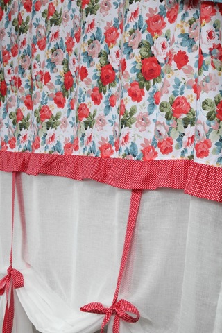 Naturel Potlu Tül Perde Spring Fırfırlı Çiçek Kırmızı