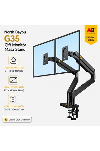 North Bayou G35 Çift Monitör Kolu 22"-32" Gazlı Yaylı Ergonomik Monitör Standı 2-12 Kg Vesa Uyumlu