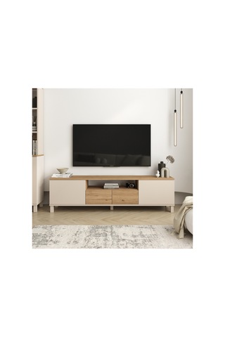 Mood Tv Ünitesi Sehpası 2 Kapaklı 2 Çekmeceli Ahşap Ayaklı 180cm Kumsal-sepet Md1-cs Bej