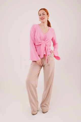Defymoda Ön Bağlamalı Volan Kol Pembe Bluz Pembe