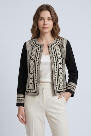 Saade Siyah Kadın Oversize Bisiklet Yaka Önü Açık Nakışlı İnce Gabardin Ceket