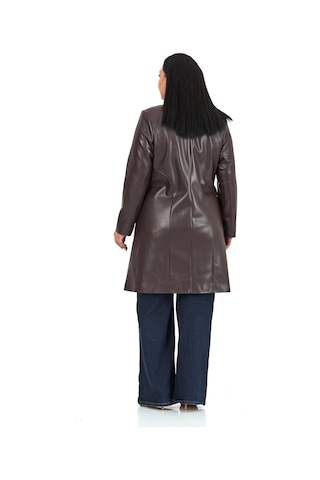 Büyük Beden Cepli Düğme Kapamalı Astarlı Suni Deri Koyu Kahverengi Kaban Koyu Kahverengi