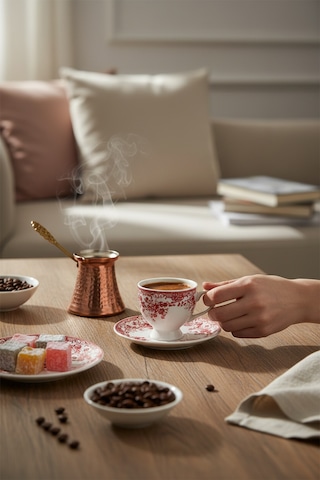 Akayev Vintage 6lı Porselen Kahve Fincan Seti Kırmızı
