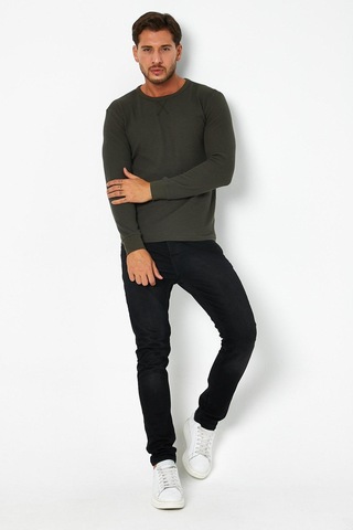 Erkrk Waffle Özel Dokulu Kumaş Standart Fit Uzun Kollu Basic T-shirt Haki