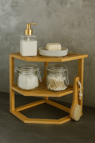 Doğal Bambu 2 Katlı Çok Amaçlı Köşe Raf Banyo, Mutfak Ve Dekoratif Organizer Br-6713 Kahverengi