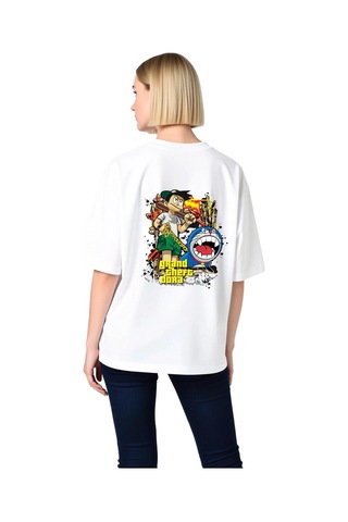 Paybuy Kadın Oversize Grafik Baskılı Tişört Oyun Temalı Karikatür Tasarı Beyaz
