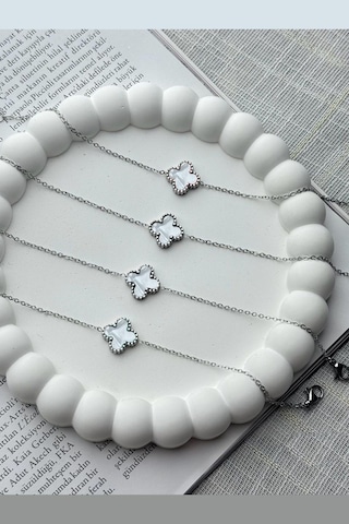 Aurrarii Gümüş Renk Cleef Beyaz Sedef Yonca Çelik Bileklik Çok Renkli