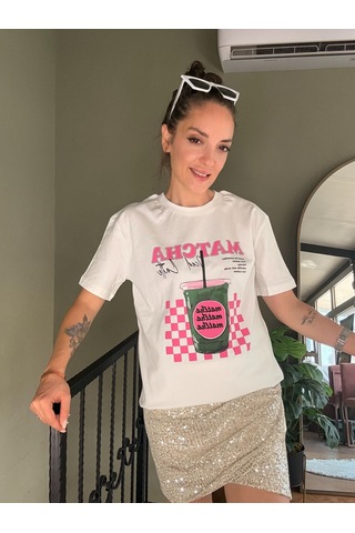 Ali Butik Ekru Matcha Iced Latte Baskılı Tişört