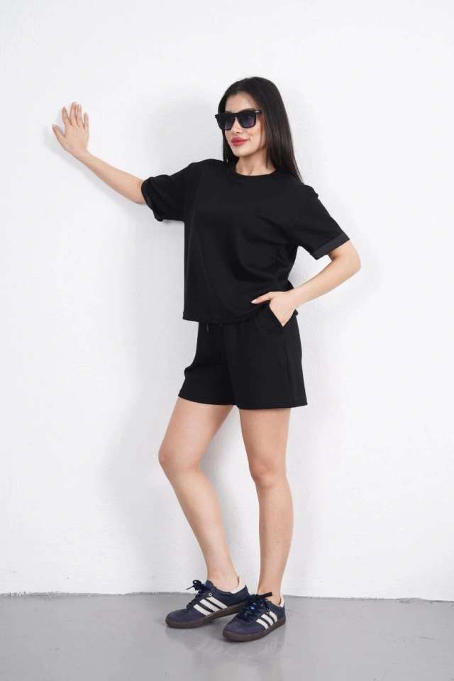 Buğrahayalin Osy Modal Yumuşak Dokulu Kumaş Bisiklet Yaka T-shirt Kısa Şort İkili Takım - Siyah Siyah