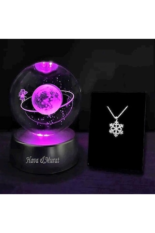 İsme Özel Satürn Çemberinde Yürüyen Kız Işıklı Cam Küre 8cm 6cm K