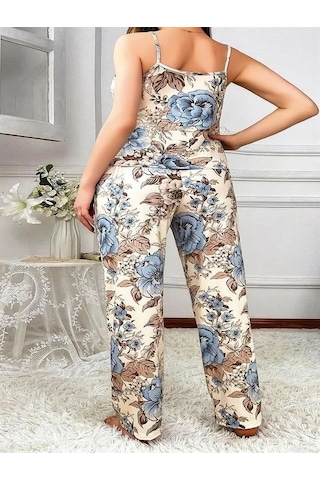 Ang Butik Kadın Büyük Beden Mavi Çiçek Desenli İnce Askılı 2'li Saten Pijama