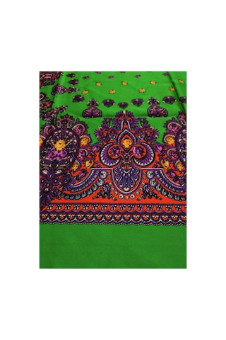 Tikitonki Koyu Yeşil Etnik Çiçek Desenli Saten Eşarp - 90x90 Koyu Yeşil Koyu Yeşil