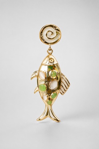 Yeşil Taş Detaylı Balık Küpe Açık Gold