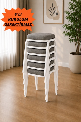 6 Adet Beyaz Metal Ayaklı Boyalı Tabure ,sert Süngerli Çökme Yapmaz , 3 Cm Süngerli, Kumaşlı Beyaz - 6 Adet