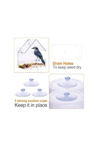 Shineyee Duvara Monte Vakumlu Montaj Kuş Yemliği Şeffaf Akrilik Hafif Su Geçirmez Kuş Yemliği-7