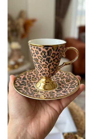 Alfafe Home Leopar Desenli Ayaklı Porselen Kahve Fincanı Takımı 6 Kişilik Altın Yaldızlı Fincan Seti Pembe