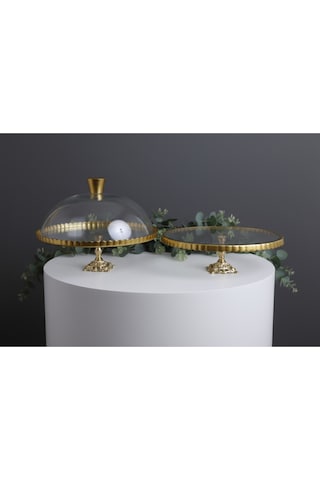 Çnr Home Collection 2 ' Li Paşabahçe Metal Ayakli Yaldizli Kek Fanus & Pasta Standi Sunumluk Altin
