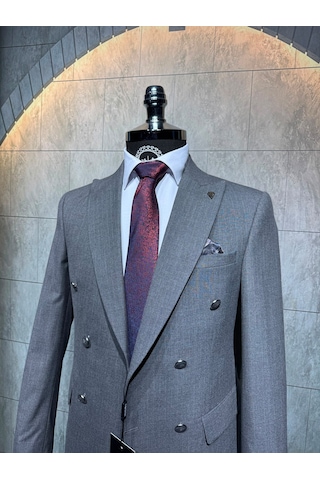 Dupont Classics Dupont Erkek Slim Fit 6 Drop Çizgili Kruvaze Viskon Çift Yırtmaç Takım Elbise Koyu Gri