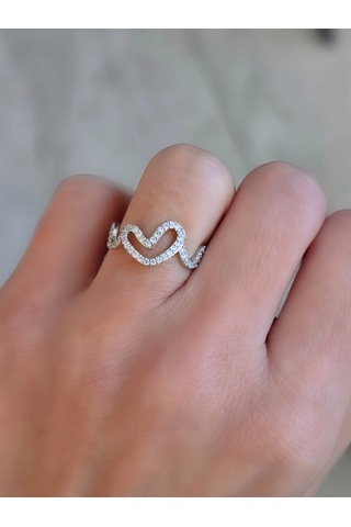 Ayarlanabilir Dalgalı Wavy Kalp Model Zirkon Taşlı Silver Renk Çelik Yüzük Gümüş