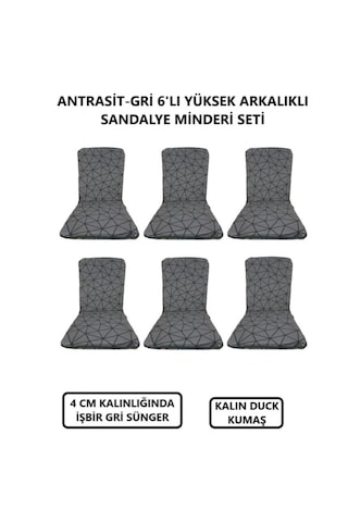Lüks Arkalıklı Sandalye Minderi 6lı 4cm Süngerli Gri Örümcekdesen Gri