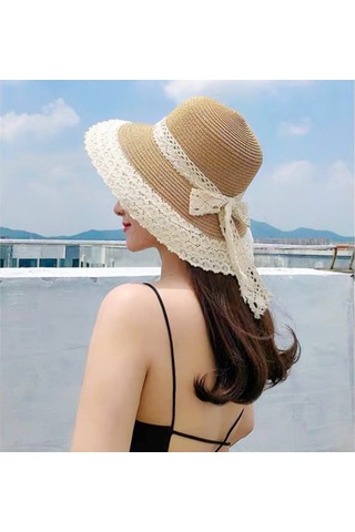 Dantel Detaylı Plaj Şapkası, Hasır Güneşlikli Yaz Aksesuarı, Şık Ve Rahat Kumsal Şapkası Yeşil