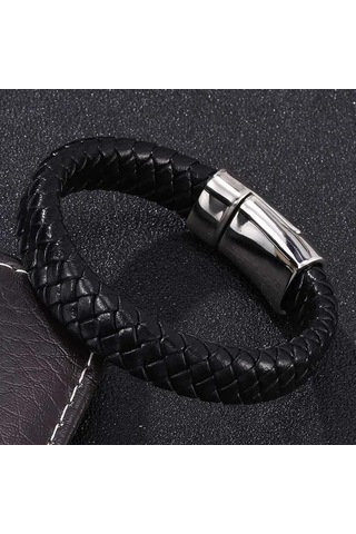 Üniseks Örgülü Hakiki Deri Bileklik Paslanmaz Çelik Tokalı Kadınlar Erkekler İçin Hediye Trend Takı Dokuma Bileklik Siyah
