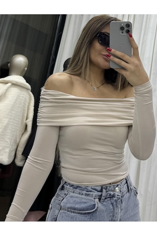 Daves Madonna Yaka Drapeli Uzun Kollu Sandy Body Bluz-taş TAŞ Taş