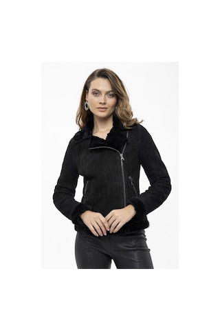 Violet Siyah Fermuarlı Biker Kadın Hakiki Kürk Mont-siyah Siyah