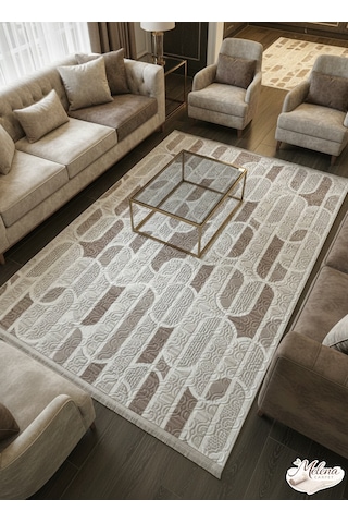 Konak Halı Modern Salon Halısı Geometrik Desenli Kahve Krem Emboss Kaymaz Taban Saçaklı kahve