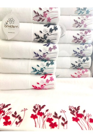 6.lı Set Annem 50x90 Cm. Özel Tafting Nakışlı Kadife Doku Çeyizlik Lüks Havlu Seti Beyaz Beyazdal Beyaz