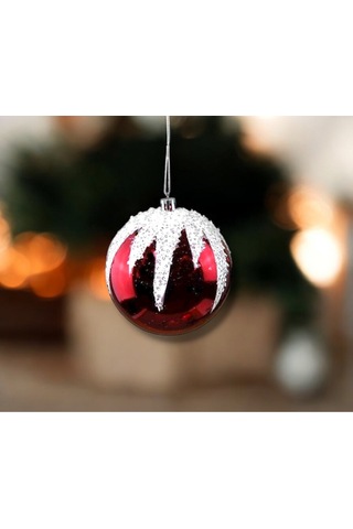 Yılbaşı Süsü Kar Detaylı 2'li Top Kırmızı 10 Cm
