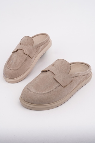 Muggo Vintage Süet Deri Günlük Rahat Önü Kapalı Kadın Loafer Terlik Bej