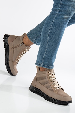 Hakiki Deri Nubuk Erkek Bot Bej Elastik Bağcıklı Yan Baskılı-3497 Bej