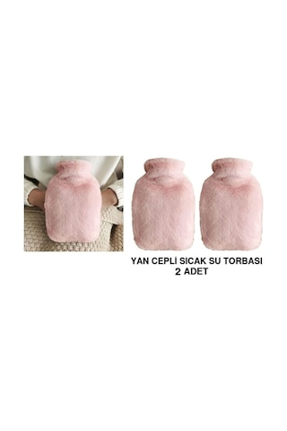 2 Adet Sıcak Su Torbası Yan Cepli Pembe Peluş Termofor 27x17x2cm 1 Litre Pembe