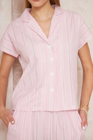 Kadın Özel Kumaş Ceket Yaka Beli Lastikli Kısa Kol Gömlek Cepli Şort Takım 3625290 Pembe