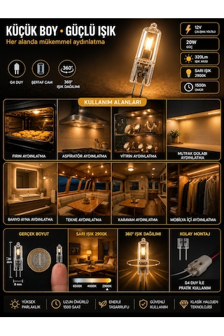 1 Adet Osaka 12volt 20w Sarı Işık G4 Duylu Dim Edilebilir Halojen Kapsül Ampul