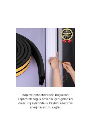 2 Metre Siyah Pvc Doğrama Kapı Pencere Soğuk Geçirmez Sızdırmaz İzolasyon Fitil Yapışkanlı 1x2 2 Mt