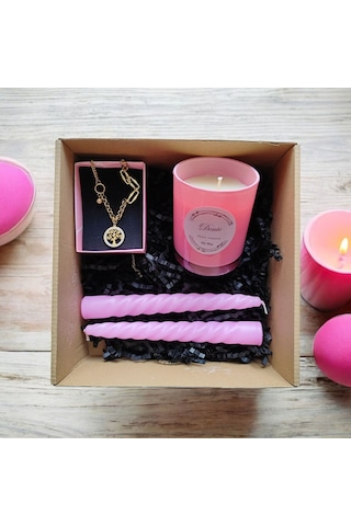 Denic Hediye Seti Kokulu Pembe Bardak Mum Yaşam Agacı Kolye Burgulu Mum