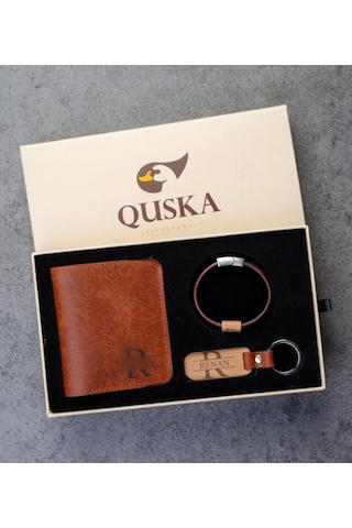 Quska Kişiye Özel İsimli El Yapımı Hakiki Deri Kiremit Cüzdan+anahtarlık+bileklik Set - Grain Fold Kahverengi