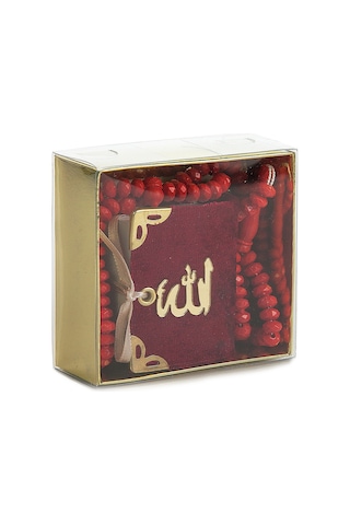 Kadife Kaplı Mini Kuran Kutulu - Tesbihli - Bordo