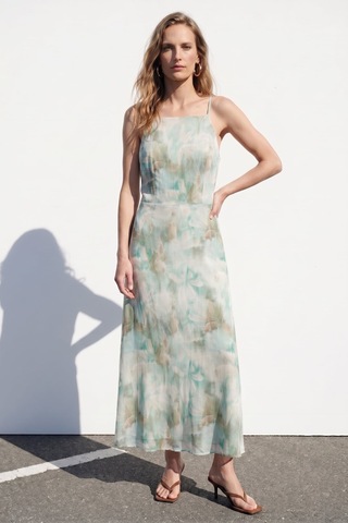 Sateen Çiçek Desenli Askılı Uzun Elbise - Mint-137411