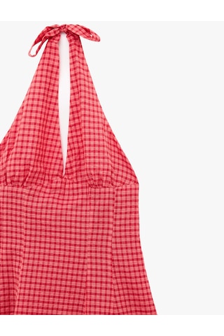 Koton Pamuklu Sırt Dekolteli Boyundan Bağlamalı Pötikare Desenli Halter Yaka Mini Kloş Elbise Kırmızı Ekose 6sak80326ew