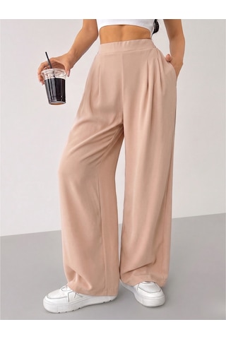 Genius Store Kadın Pantolon Scuba Krep Kumaş Beli Lastikli Cepli Pileli Geniş Paça Palazzo Pantolon Scuba-crep Bej