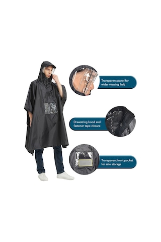 Tomshoo Çok Fonksiyonlu Hafif Su Geçirmez Kapşonlu Yağmur Panço Siyah