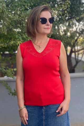 Mia Butik Kadın Lina Kırmızı Merserize Kolsuz Bluz Kırmızı