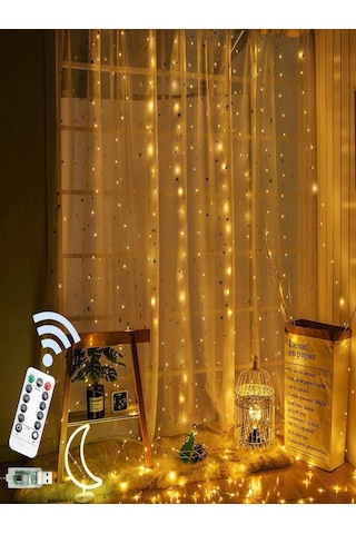Trendpoint Peri Telli Perde Led Işık Kumandalı 300 Ledli 3 x 3 metre Usb'li 8 Animasyonlu Günışığı